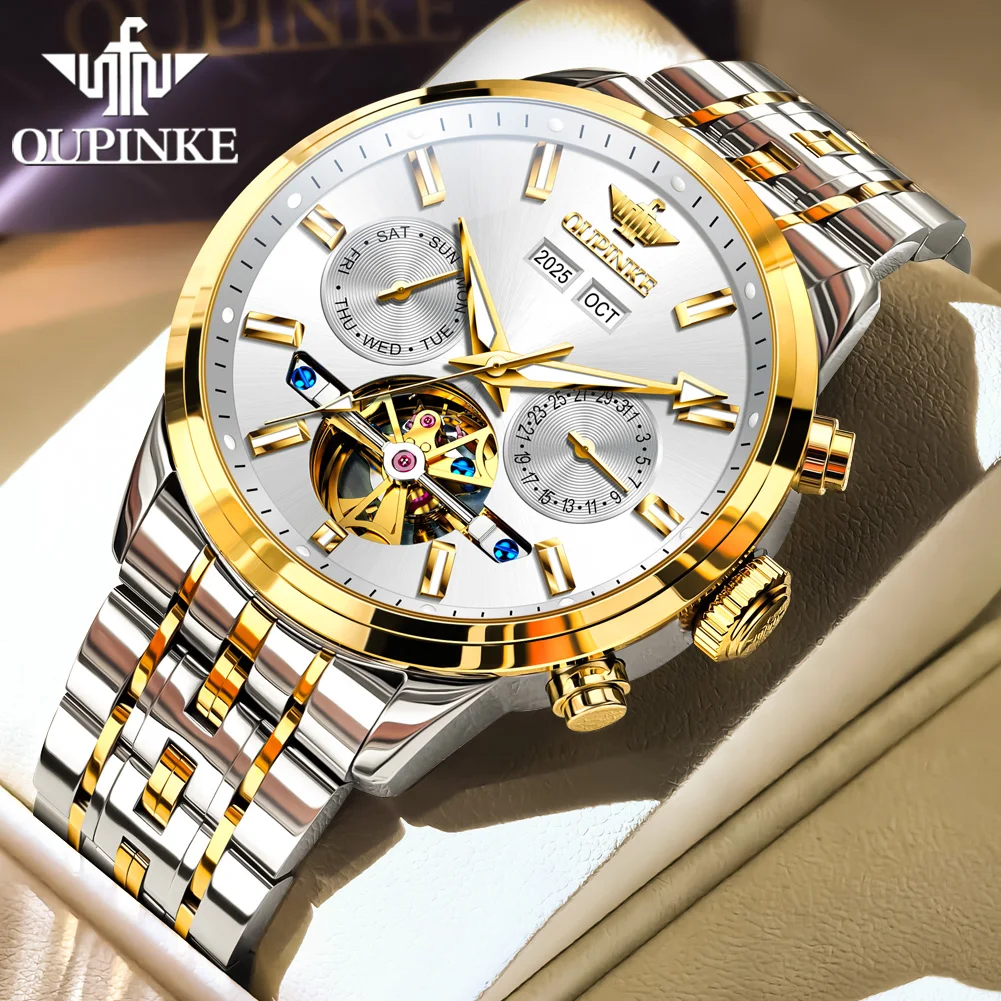 OUPINKE 3269 TOP Skeleton Men's Watches Original 50m Waterproof Sapphire Mirror Automatic Mechanical Watch for Man Date Luminous