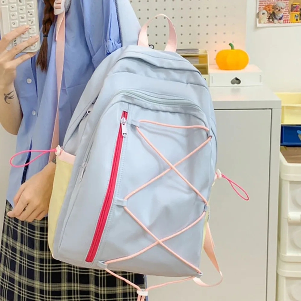 Multi-pockets Drawstring Backpack Solid Color Dopamine Student School Bag Large Capacity Cloth Travel Rucksack