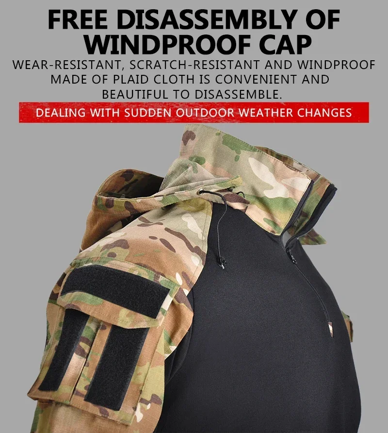 Jagd Taktische Kleidung Neue Männer Arbeitskleidung Pads Uniform Multi Taschen Kampf Camo Shirts Mit Kapuze Cargo Hosen Atmungsaktive Kleidung – Detail 3