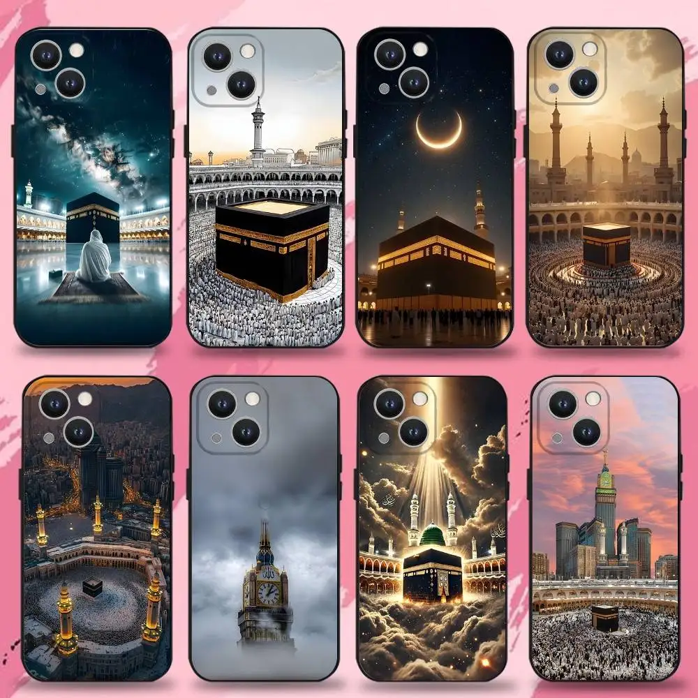 

Moslem and kaaba Phone Case For iPhone 16,15,14,13,12,11 Plus,Pro Max,XS,X,XR,SE,Mini,8,7,Soft Silicone Black Cover