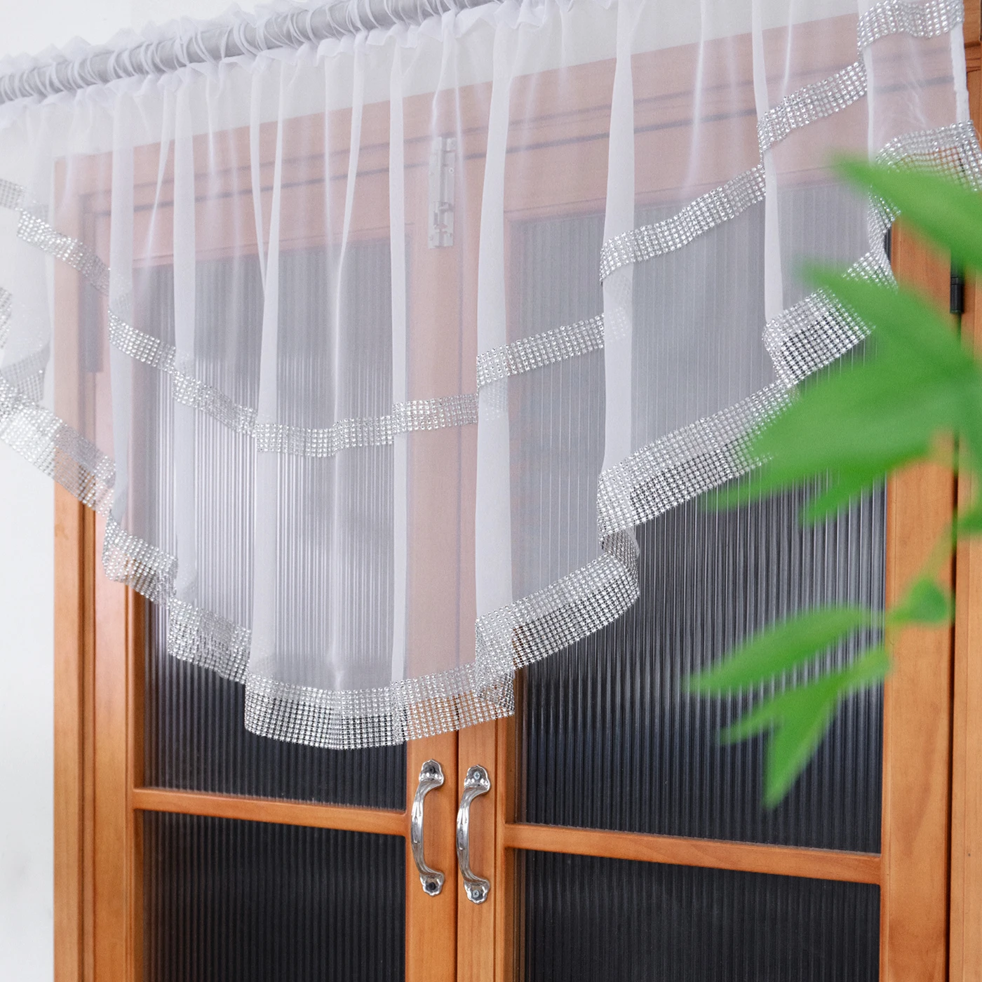 1PC European Sheer Voile Curtain With Silver Rhinestone Trim, Breathable Drape For Kitchen Living Room, Lovely Housewarming Gift
