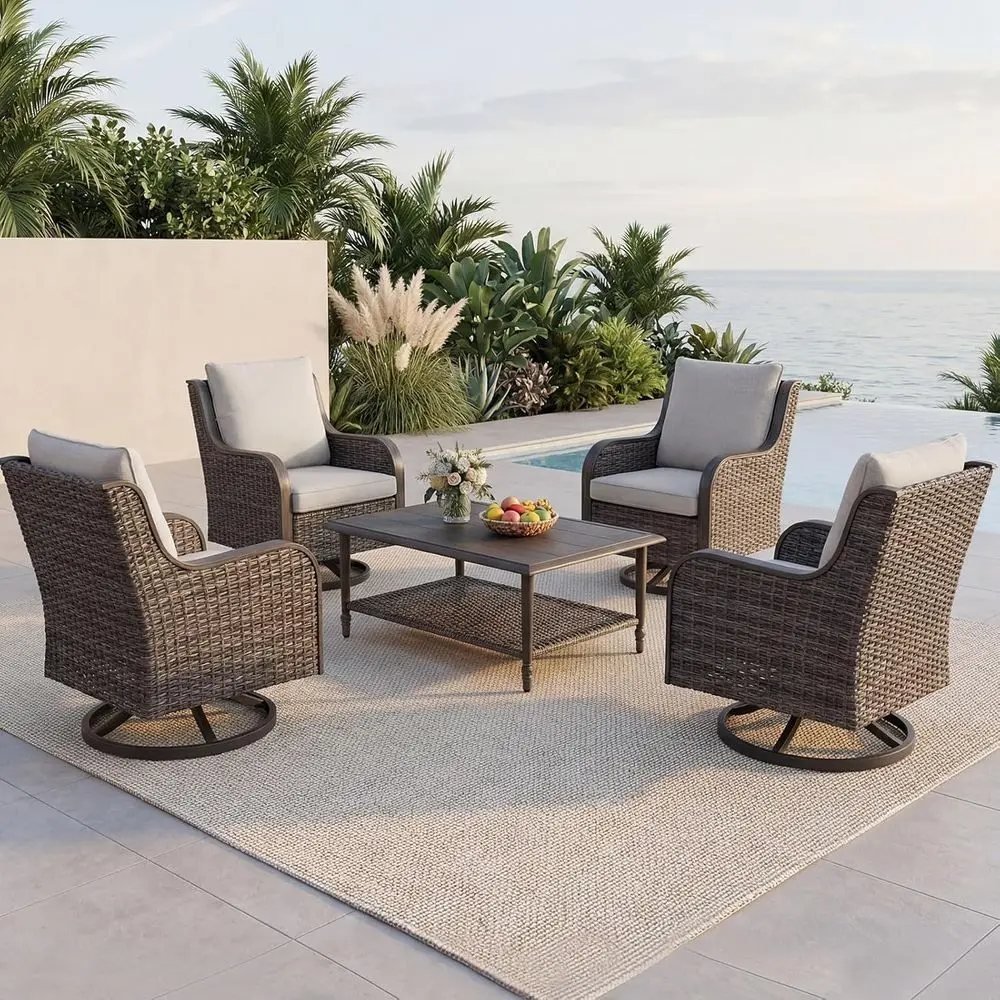 

5-Piece Wicker Patio Furniture Set with Deep Seating Swivel Chairs and Rattan Coffee Table for Outdoor, Porch, Balcony, Garden,