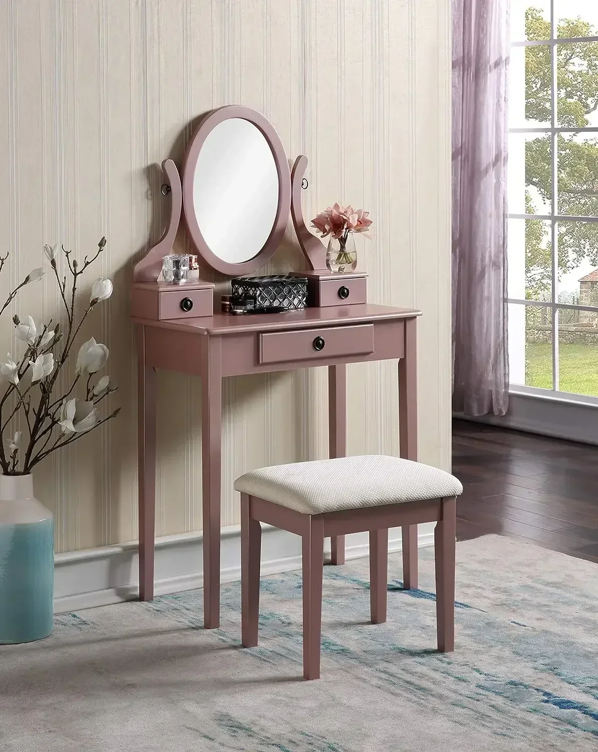 Makeup Vanity Table and Stool Set, Rose Gold, Exquisite and beautiful  dressing table for bedroom use