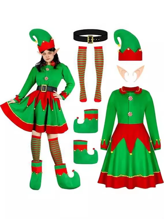 Adults Lady Christmas Elf Costume Fit Hooded Velvet Dress Festival Party Family Matching Outfits New Year Cosplay Clothing Sets