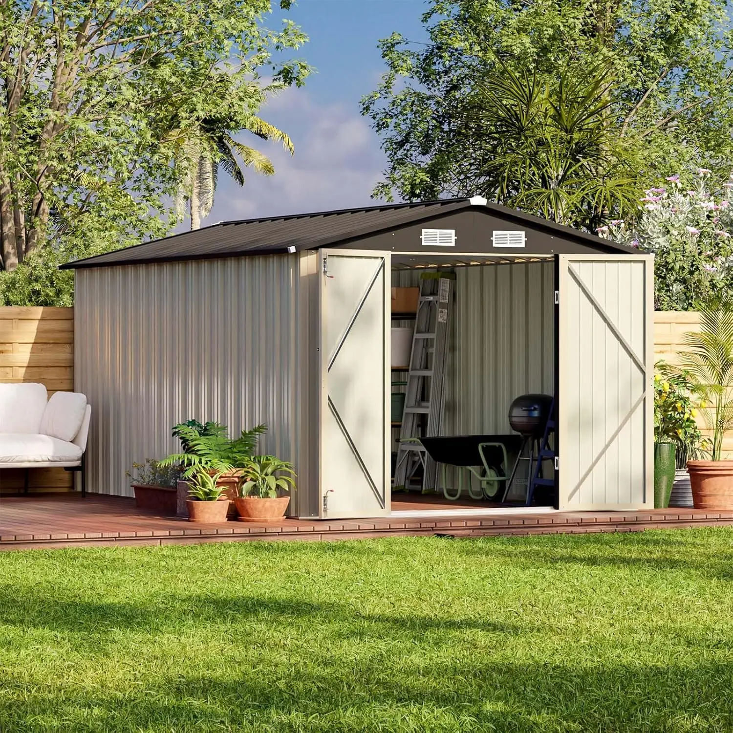 12 X 8 FT Outdoor Storage Shed Steel Shed Storage House Design of Lockable Doors, Utility and Tool Storage Outside Use Brown