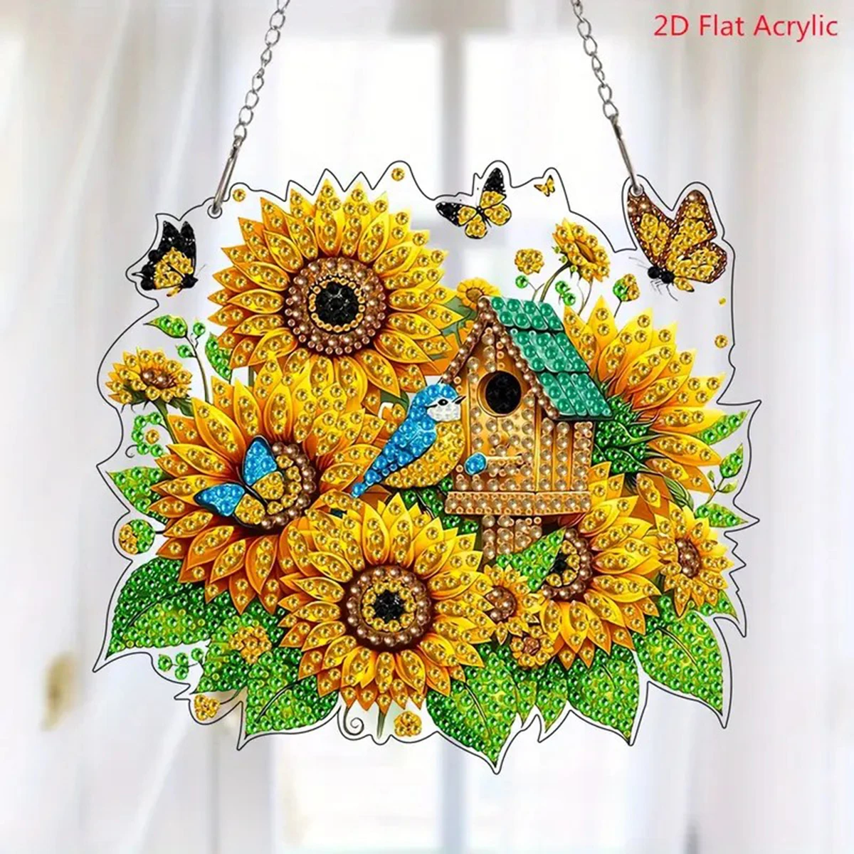 2D flat, vibrant sunflower and birdcage diamond art set - unique shaped acrylic gemstone pendant, butterfly decoration pendant,