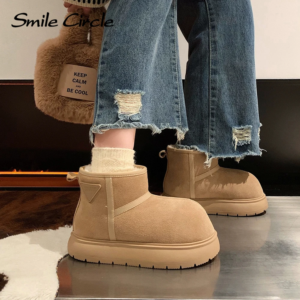 Smile Circle Women Snow Boots Suede Leather Warm Fur platform Boots Winter Round-toe Casual Boots