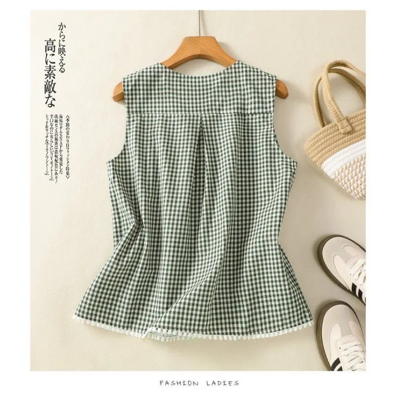 Japońska kamizelka w kratę dla kobiet, letnia odzież wierzchnia, modna koronkowa kamizelka bez rękawów.