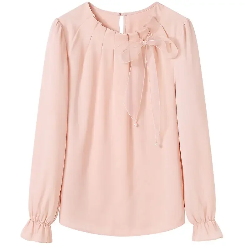 Casual Solid Color Butterfly Bow Sense of Design Blouse Women Long Sleeve O-collar All-match Pleated Chiffon Pullover Shirt Z247