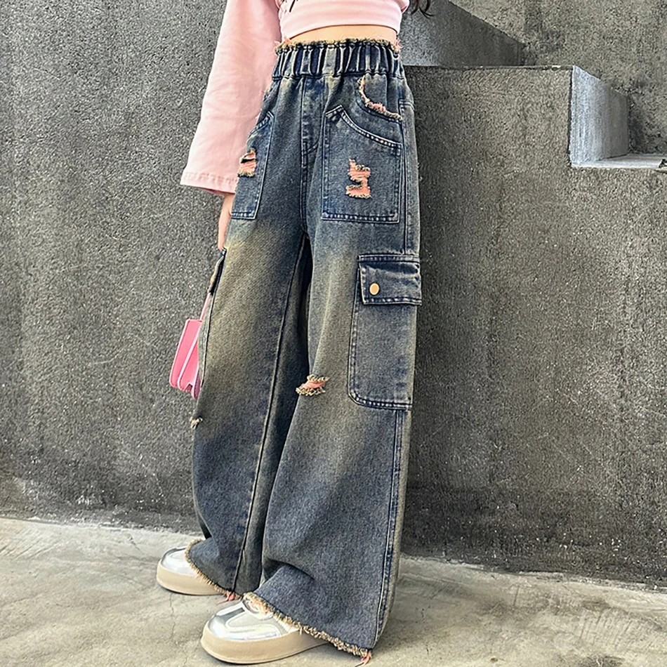 Kids Vintage Denim Jeans Rips Kids High-Waist Casual Wide-Leg Overalls Girls Outdoor Activities Travel Big pocket Pants