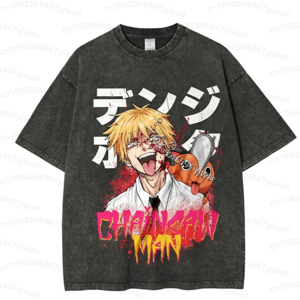 2026 Men Sumemr Washed Vintage Anime Chainsaw Man Denji Pochita Funny Graphic T Shirt Men Short Sleeve T-Shirt Manga Men Hodoies