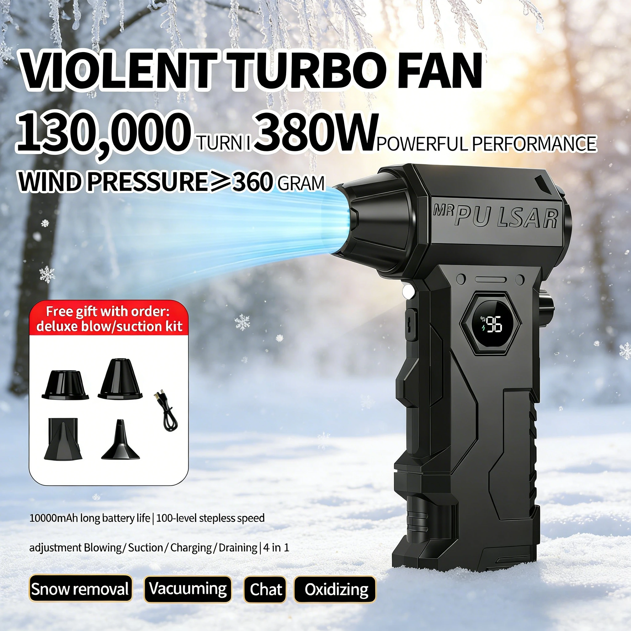 

X7 2-в-1 Турбовоздуходувка-пылесос 130000 об/мин | Светодиодная насадка с несколькими соплами для глубокой очистки дома, автомобиля и офиса