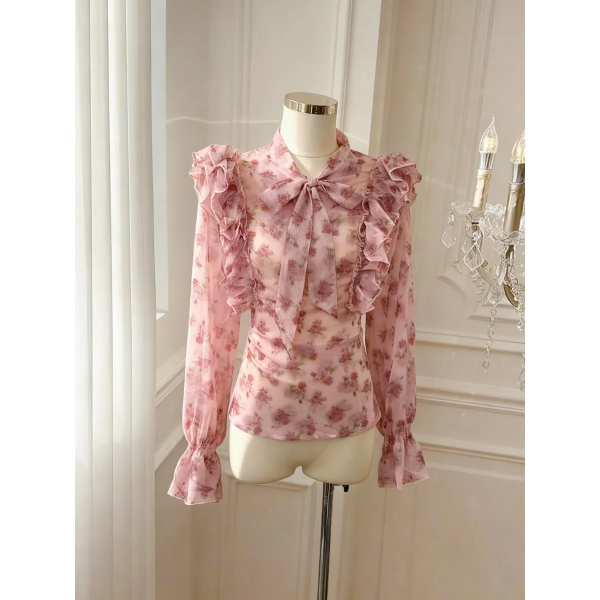 

Нежная женская блузка с длинным рукавом, бантом и цветочным принтом, дышащая, легкая, из полиэстера, для ранней весны