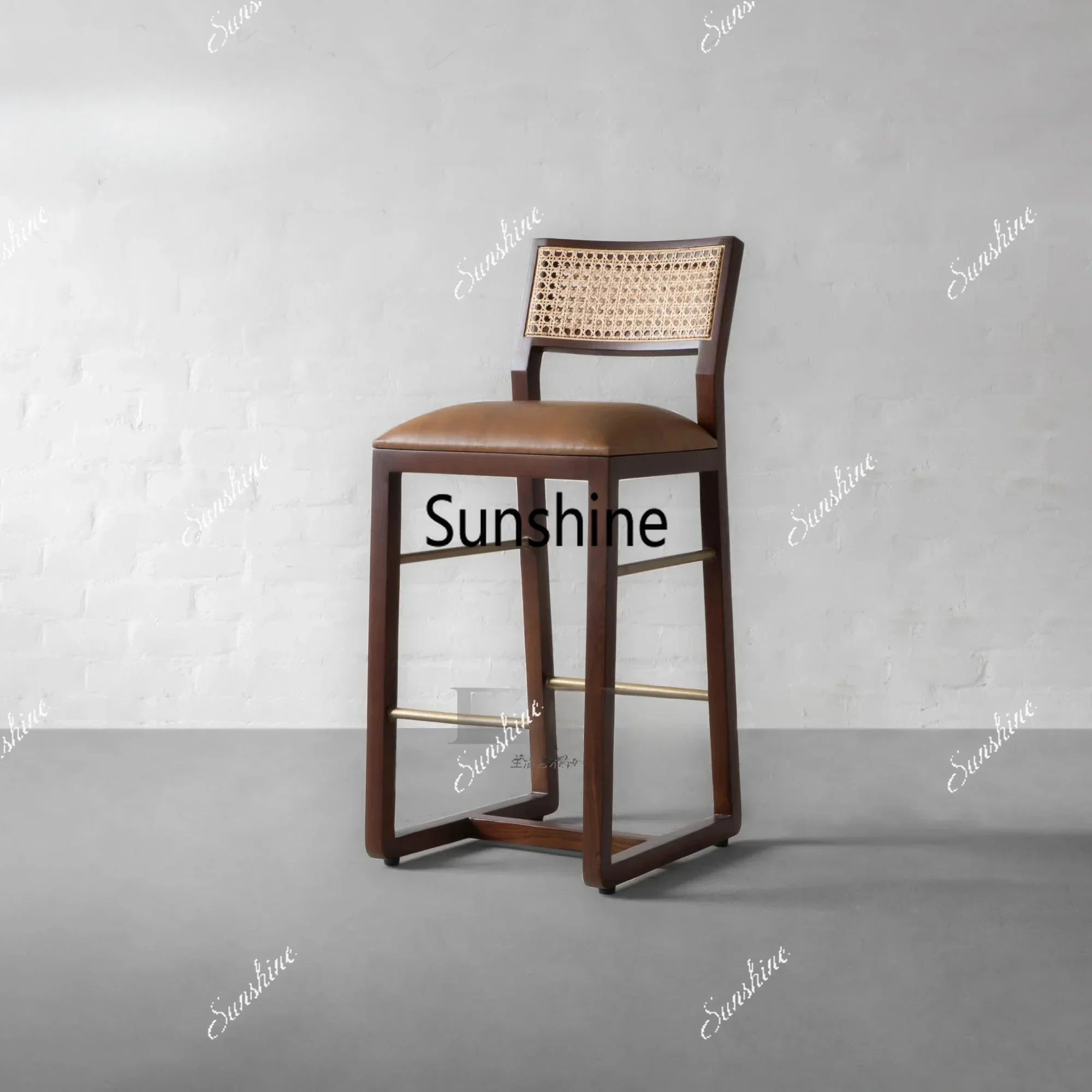 Nordic rattan solid wood bar stool backrest high chair