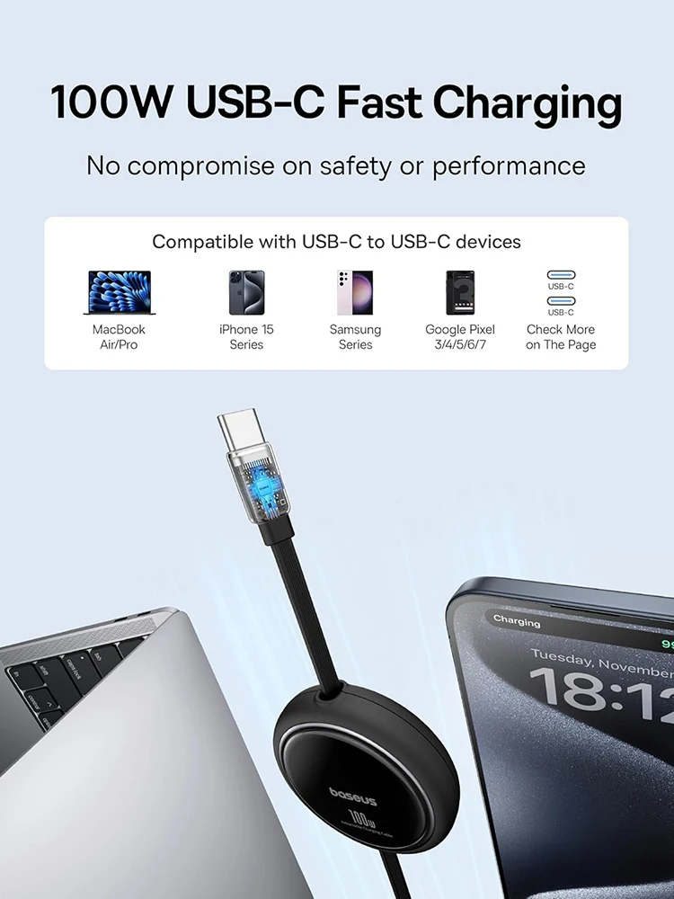 Baseus USB C to USB C Cable, 100W Retractable USB C 5A Fast Charging Cable, 4-Stage Length Preset USB Type C Charger Cord