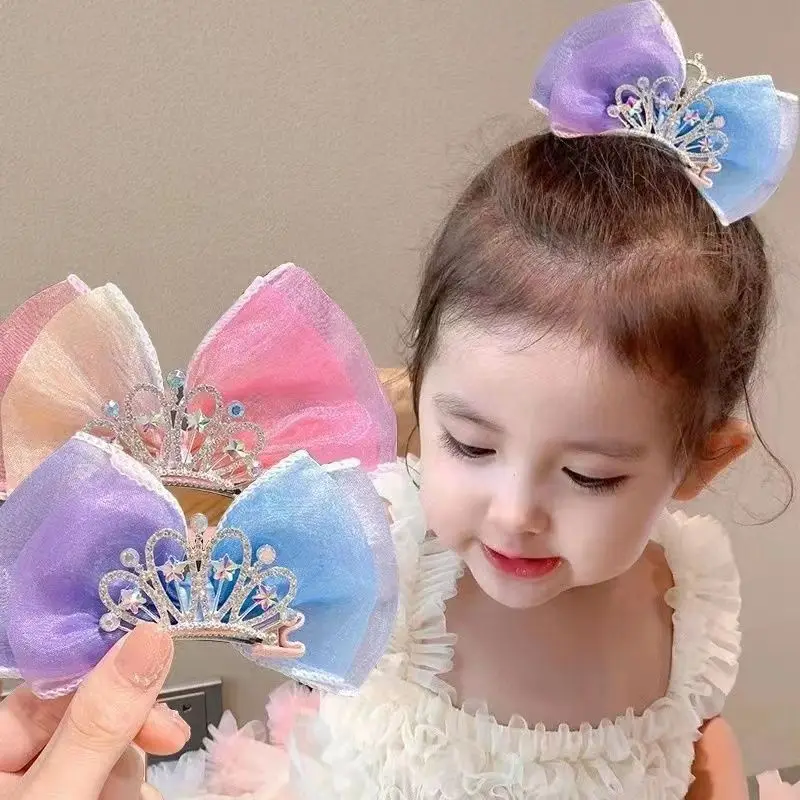 Pastel Rainbow Hair Bows Gradient Color Princess Crown Hair Clips Standing Bowknot Hairpin Kids Barrette Korean Hair Accessories