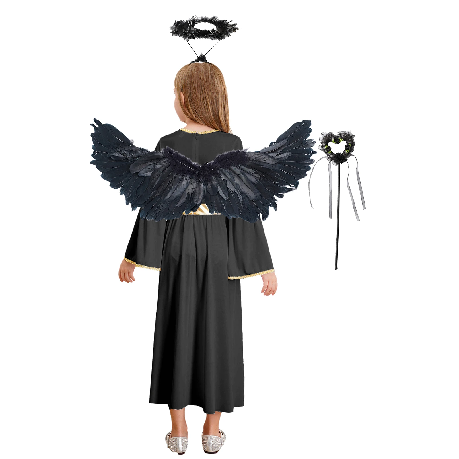 Girls Angel Role Play Dress Angel Costume Sets with Feather Wings Headband And Fairy Sticks for Halloween Cosplay Performance