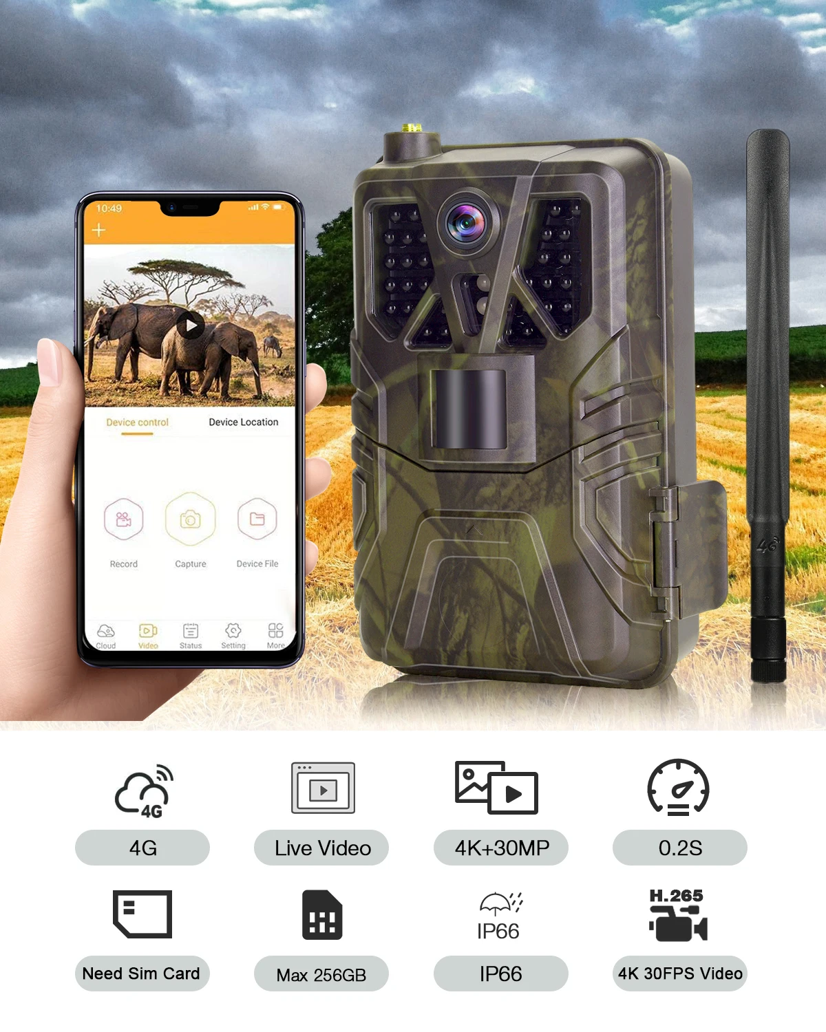 Outdoor 4K 30fps Video APP Trail Camera Cloud Service 4G 30MP Live Stream Media Wild Hunting Camera Night Vision PhotoTrap Game