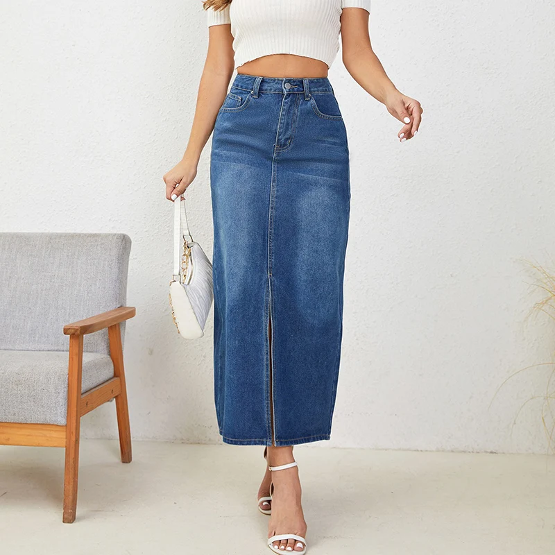 Women High Waist Gothic Skirts Jeans Girls Vintage High Street Casual Denim Dress Female Streetwear Blue Punk Straight Skirts