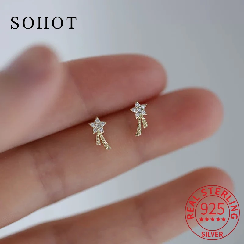 

Real 925 Sterling Silver Minimalist Star Zircon 14k Gold Tiny Stud Earrings for Charm Women Trendy Fine Jewelry Accessories