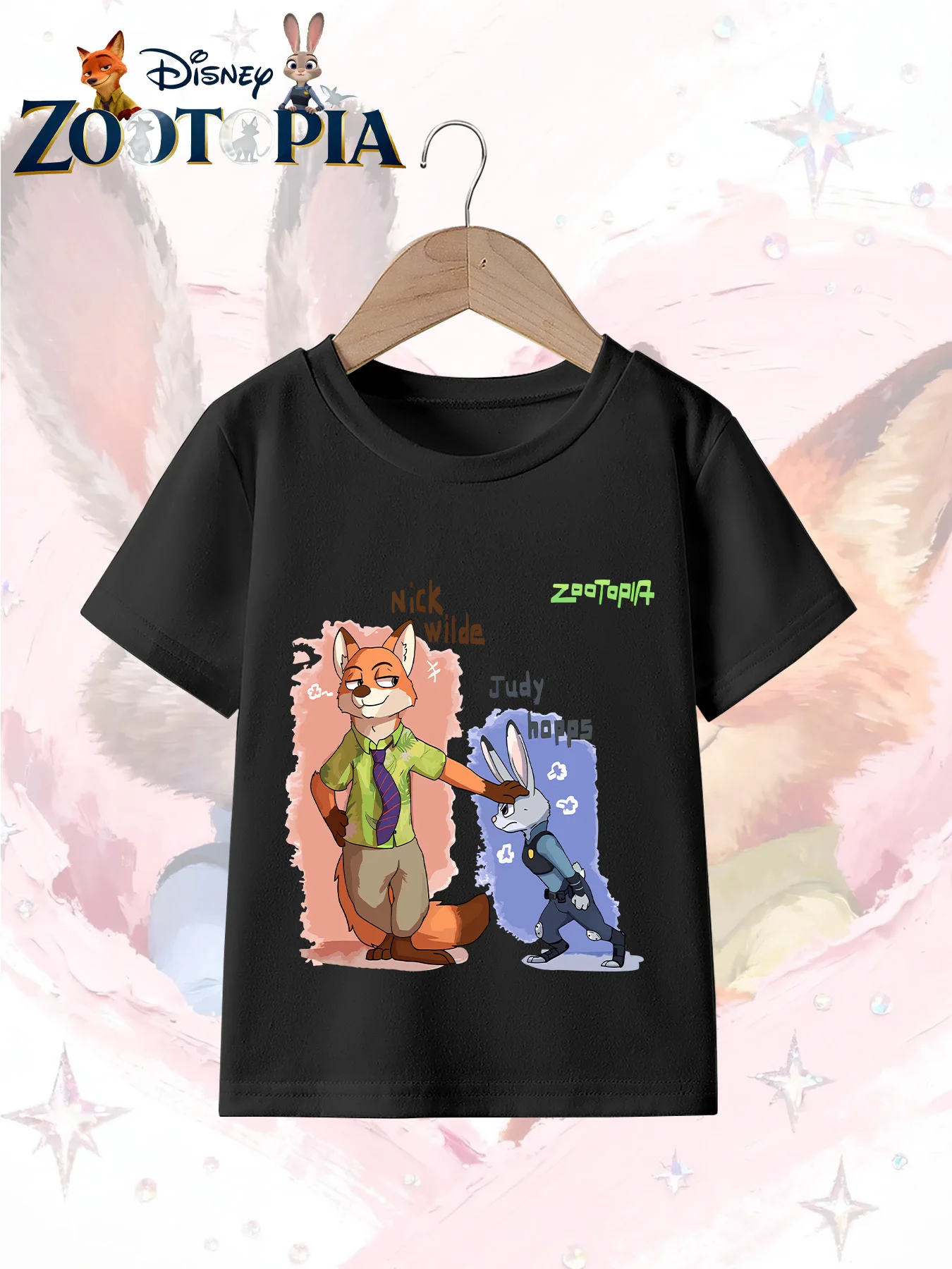 

Летняя детская футболка из 100% хлопка, мягкая, приятная для кожи ткань, принт с изображением Диснея Ники Фокс, подходит для повседневной игры.