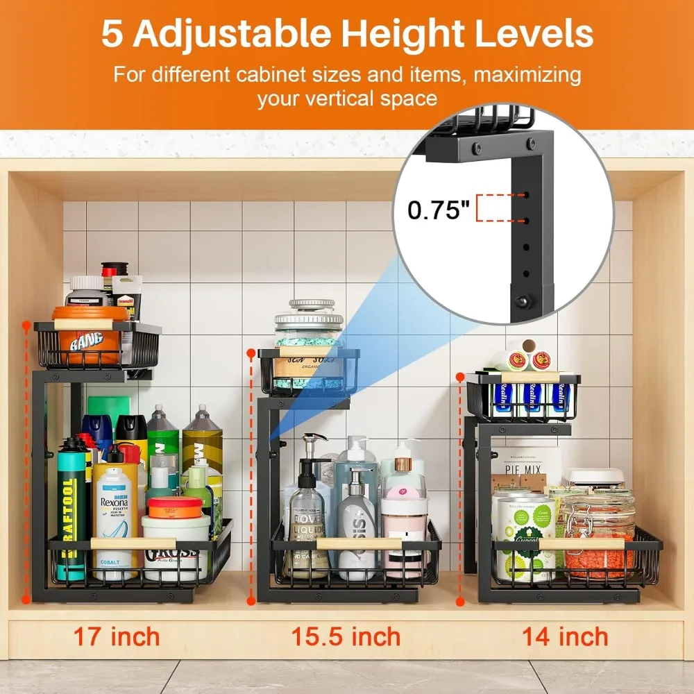 منظم الحوض من REALINN تحت الحوض، عبوتان من منظمات وتخزين تحت الحوض قابلة للتعديل، وطبقتين للتخزين بأدراج قابلة للسحب