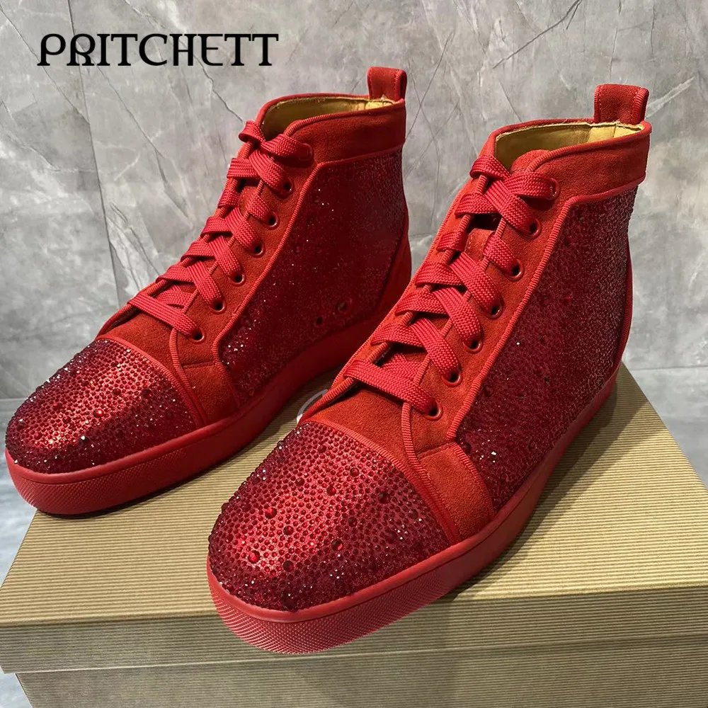 Red Rhinestone High-Top Lace-Up Shoes with Round Toe Luxurious and Full of Diamonds Casual and Fashionable Men's Shoes