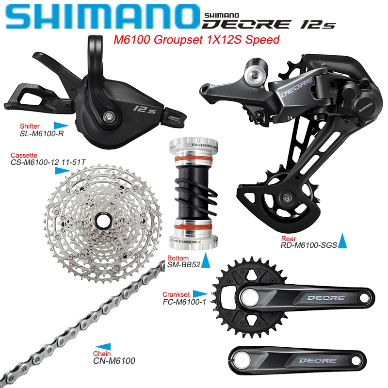 

Shimano M6100 1X12S Speed Groupset M6100 Derailleurs Kit FC-M6100-1 30/32T Crankset CS-M6100 51T Cassette GX NX Original Parts