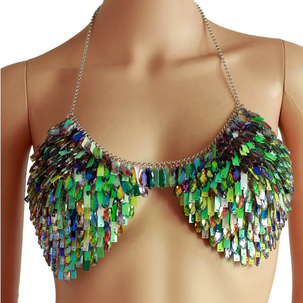 

Chran Mermaid Green Sequins Halter Top Women's Sexy Body Chain Shiny Chest Bikini Bra Backless Lingerie Jewelry Party Dresses