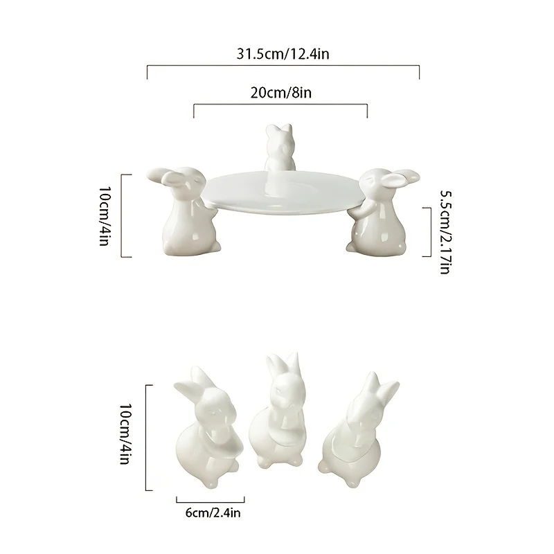 Ceramic Bunny Dessert Stand Cute White Rabbit Figurine Serving Plate for Cakes Candies Cupcakes Easter Home Decoration Gift