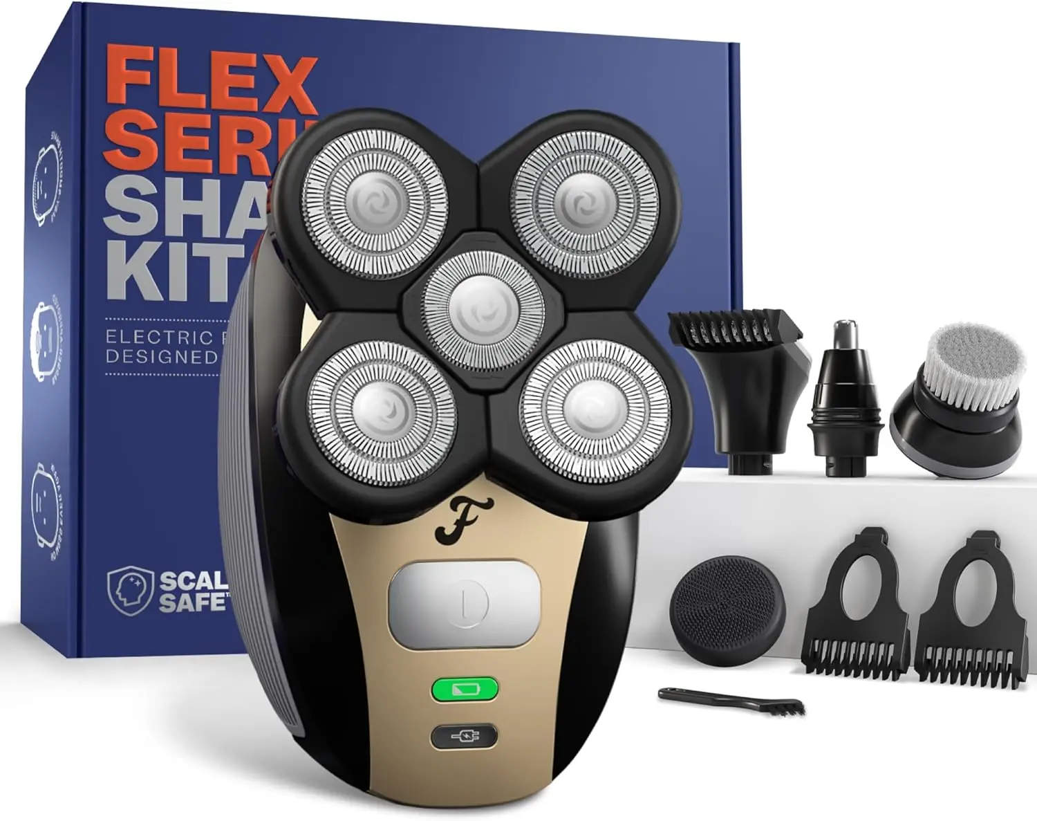 

FlexSeries Men's Rechargeable Wet/Dry Shaver with Rotary Blades, Clippers, Nose Trimmer, Brush, Massager