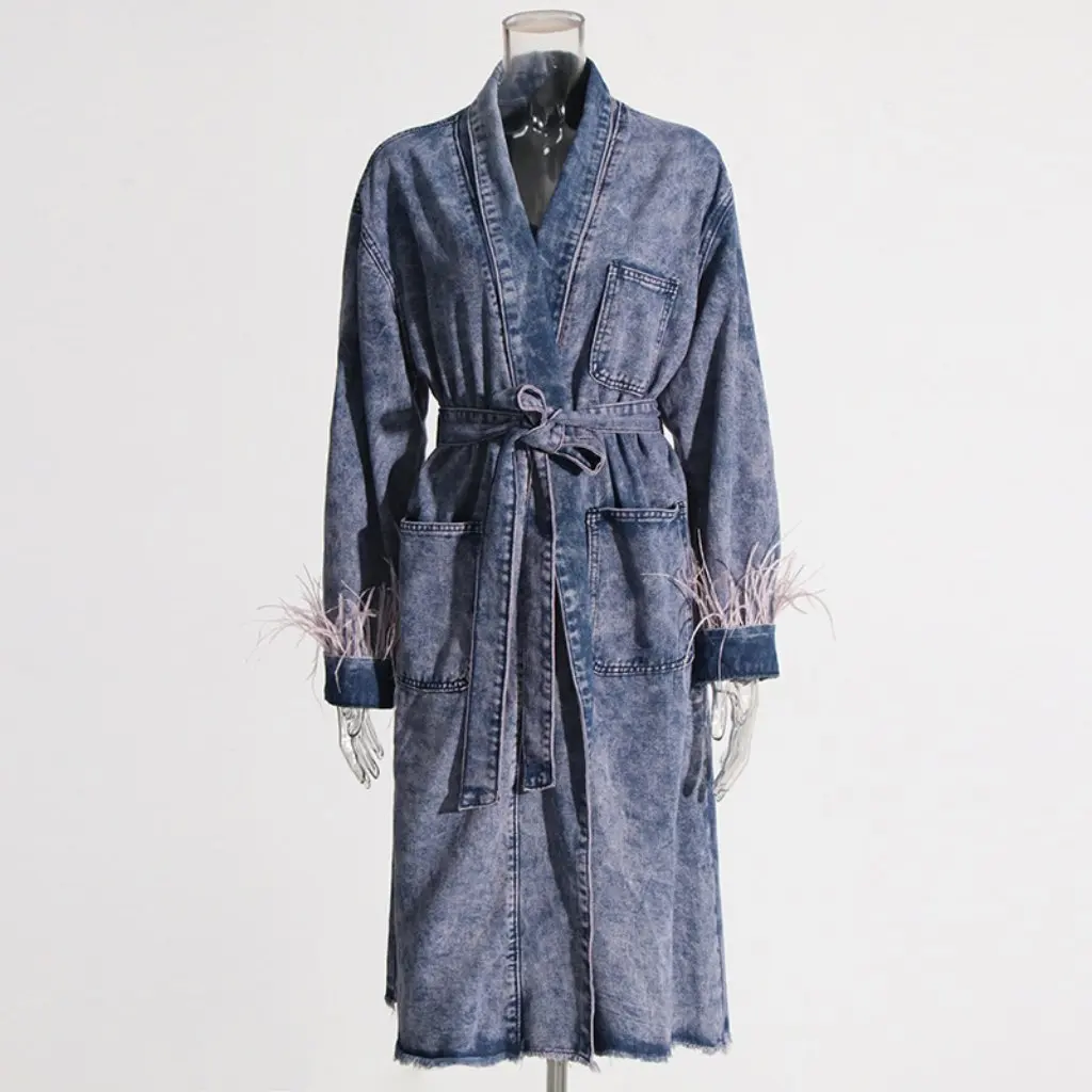 

Women's Slimming Denim Jacket European American Fashion Trench Coat New Style Patchwork Tie Waist Design