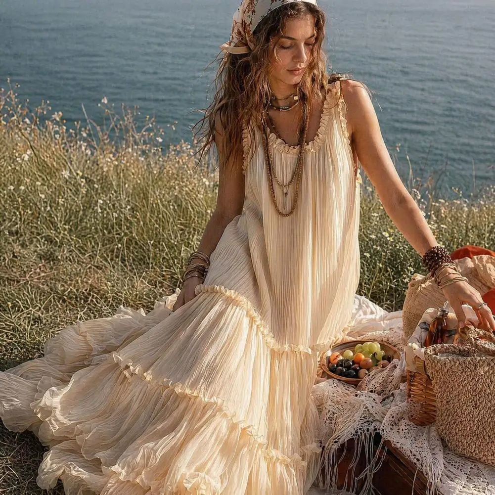 Vintage Einfarbiges Kleid mit Sweetheart-Ausschnitt und Stufenrock Ärmelloses Damenkleid mit Rüschenbesatz Fließendes Maxikleid Böhmisches Sommer-Strandkleid