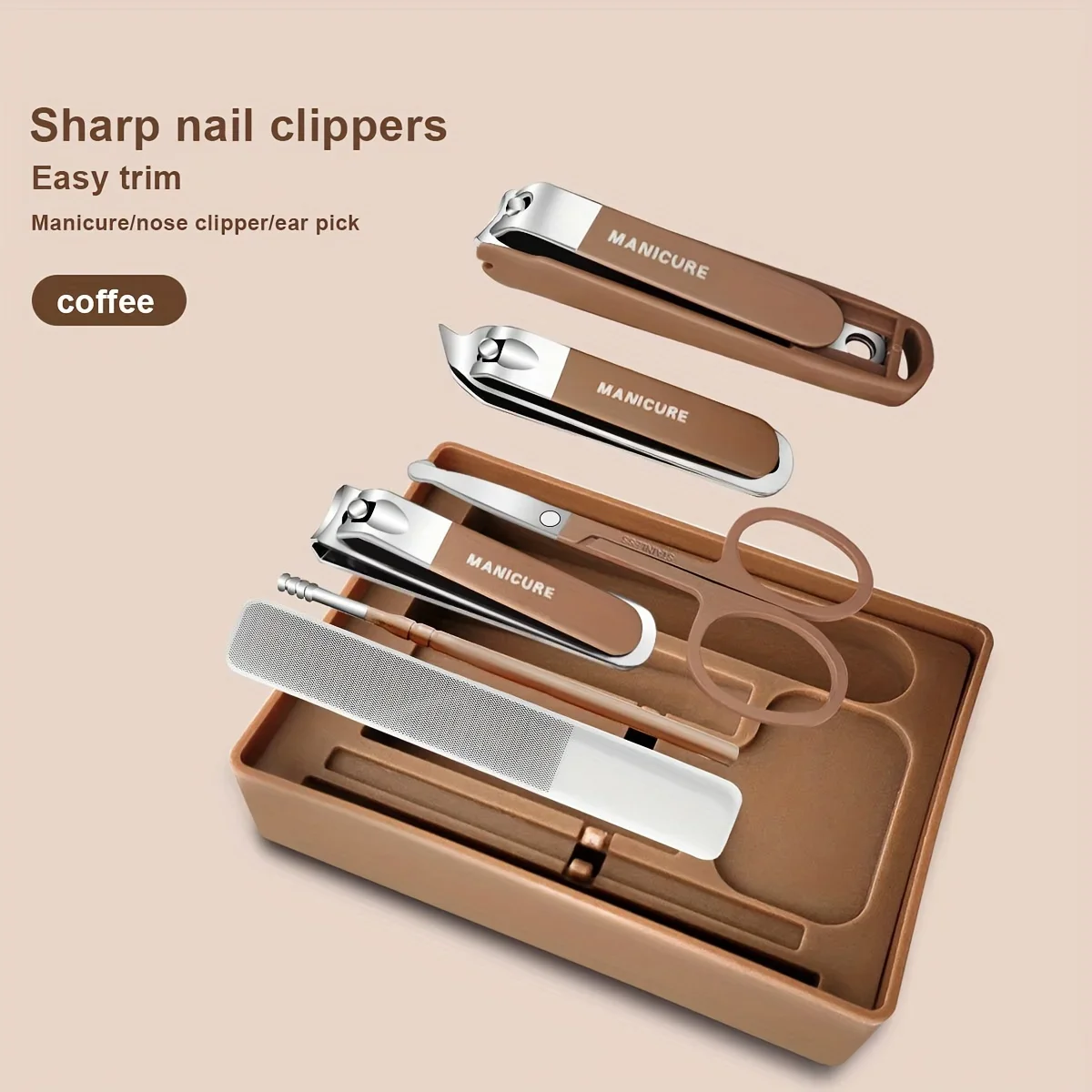 6-Piece Manicure and Pedicure Set, Stainless Steel Nail Clippers, Ear Pick, Nail File, Anti-Splash Design