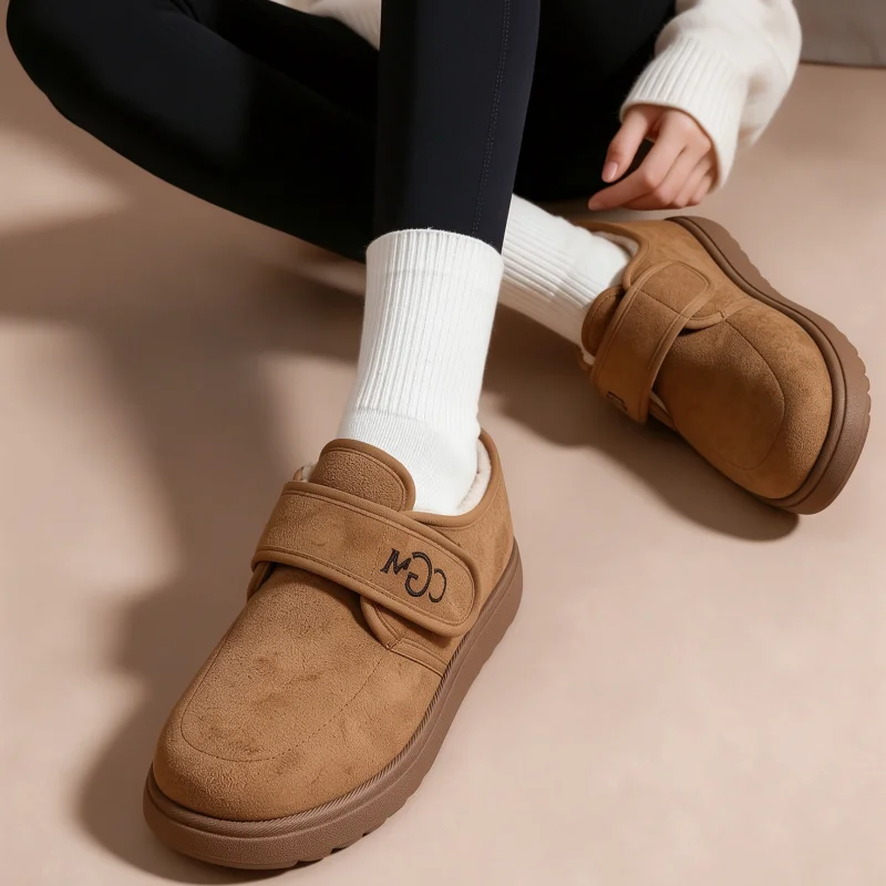Women's winter fleece-lined loafers, Velcro thick-soled shoes, warm cotton shoes, retro casual flat shoes
