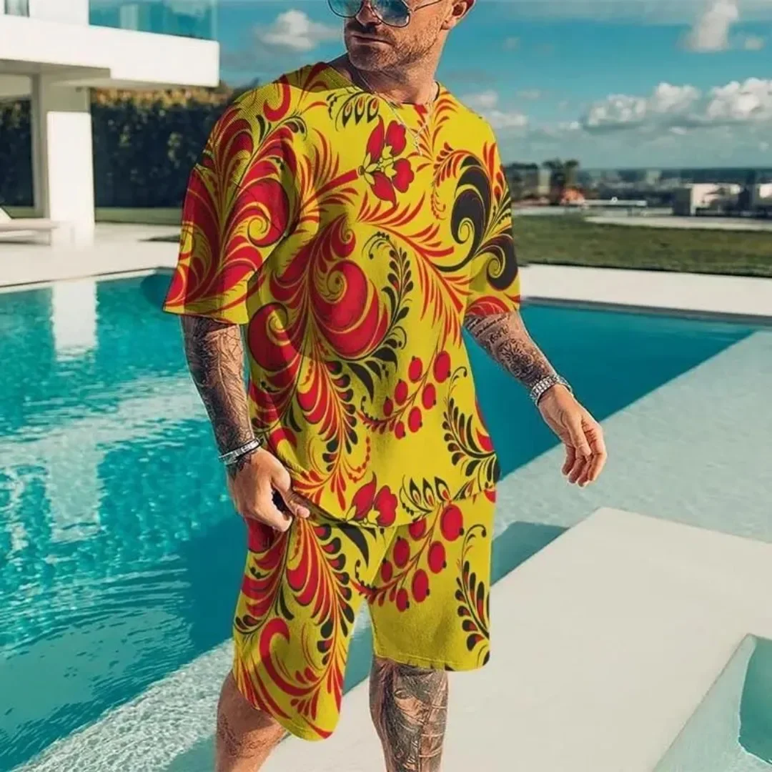 

2025 Summer New Men's 3D Printed Luxury Gold Pattern Sportswear Round Neck Short Sleeve Shorts Set Fashion Casual Wear