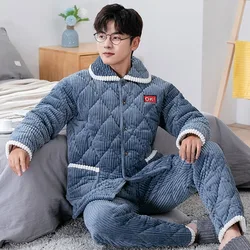 Conjunto de flanela engrossada masculina flanela, pijama de veludo quente, três camadas de loungewear de algodão, outono e inverno, novo, 2023