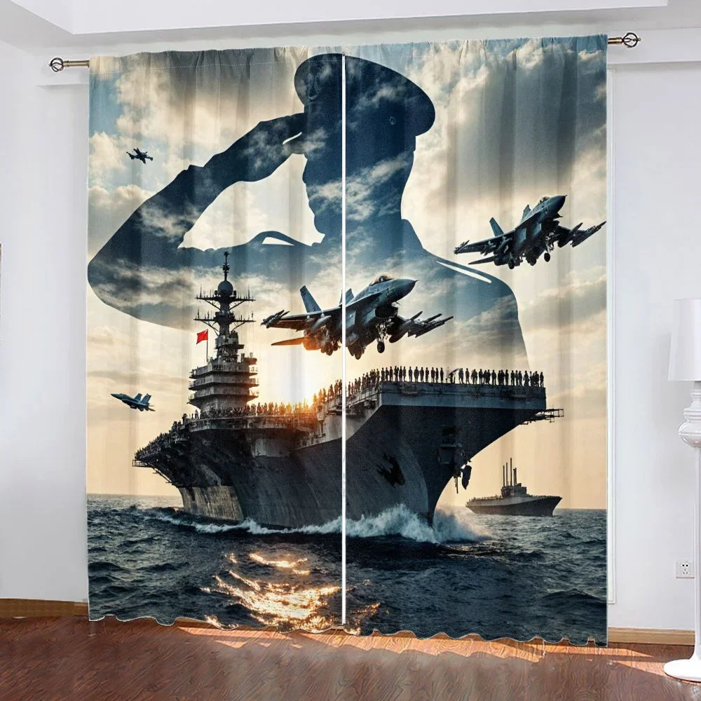 Large Tropical Ocean Warship Silhouette Curtain for Living Room Home Decor Nautical Military Art Window Dressing