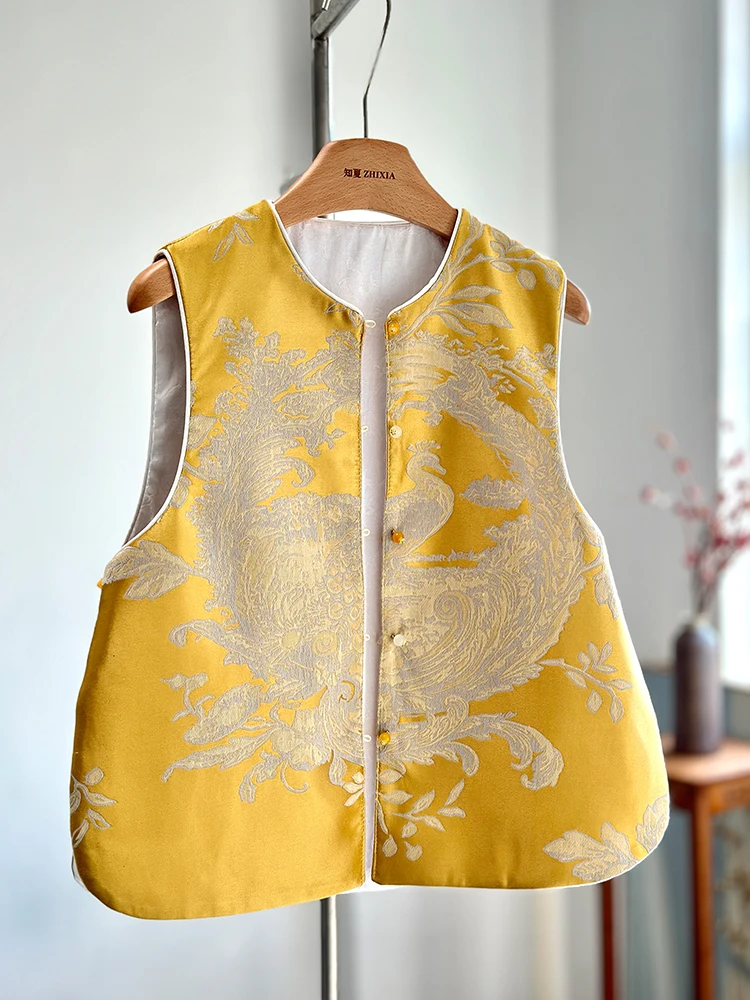 

New Chinese Style Yellow High-Grade Vest Young Machine Embroidery Double-Sided Spring Outer