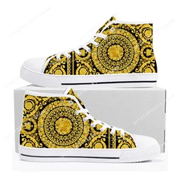 Luxury Golden Floral Prints High Top Sneakers Mens Womens Teenager High Quality Canvas Sneaker couple Casual Shoe Custom Shoes