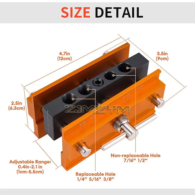 

Self Centering Doweling Jig Imperial Inch Dowel Hole Drilling Guide with 6 Hardened Steel Sleeves Adjustable Clamp