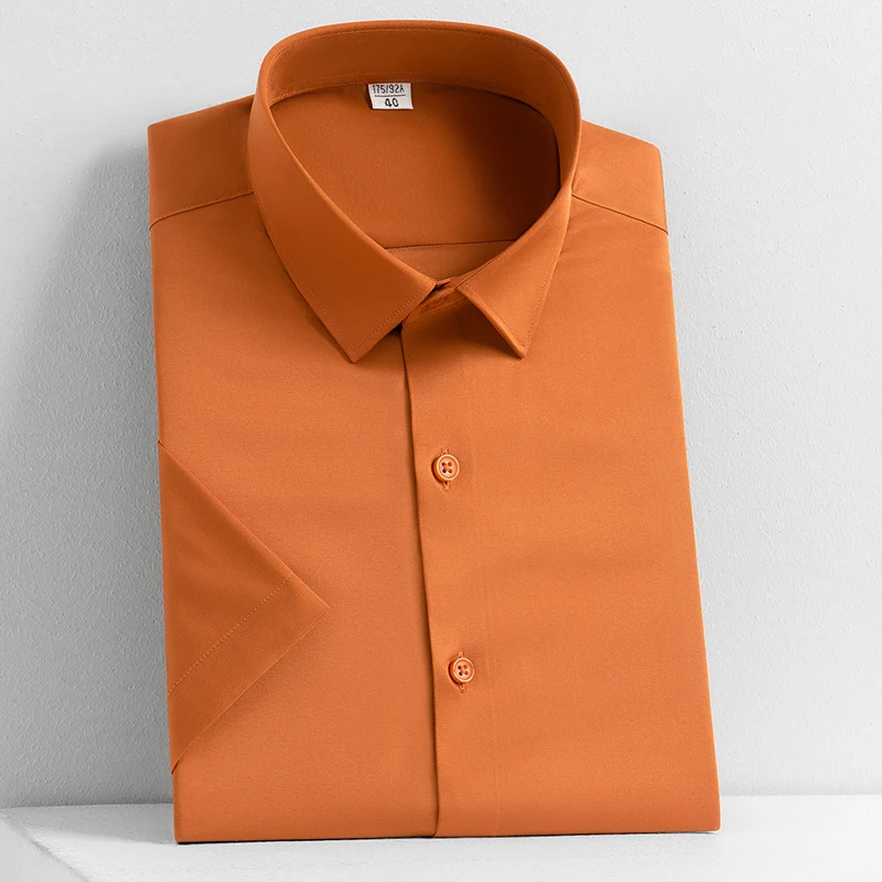 

Short Sleeve Stretchy Smooth Men's Solid Dress Shirt Slim Fit Comfortable Pocketless Summer Fashion Casual Shirts Male Business
