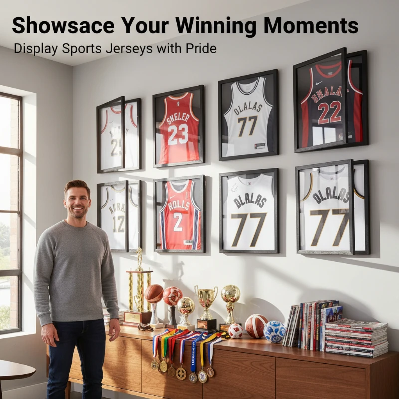 1pc Wooden Wall-Mounted Jersey Frame With Magnetic Flap Jersey Display Cabinet For Displaying Football Basketball Jerseys