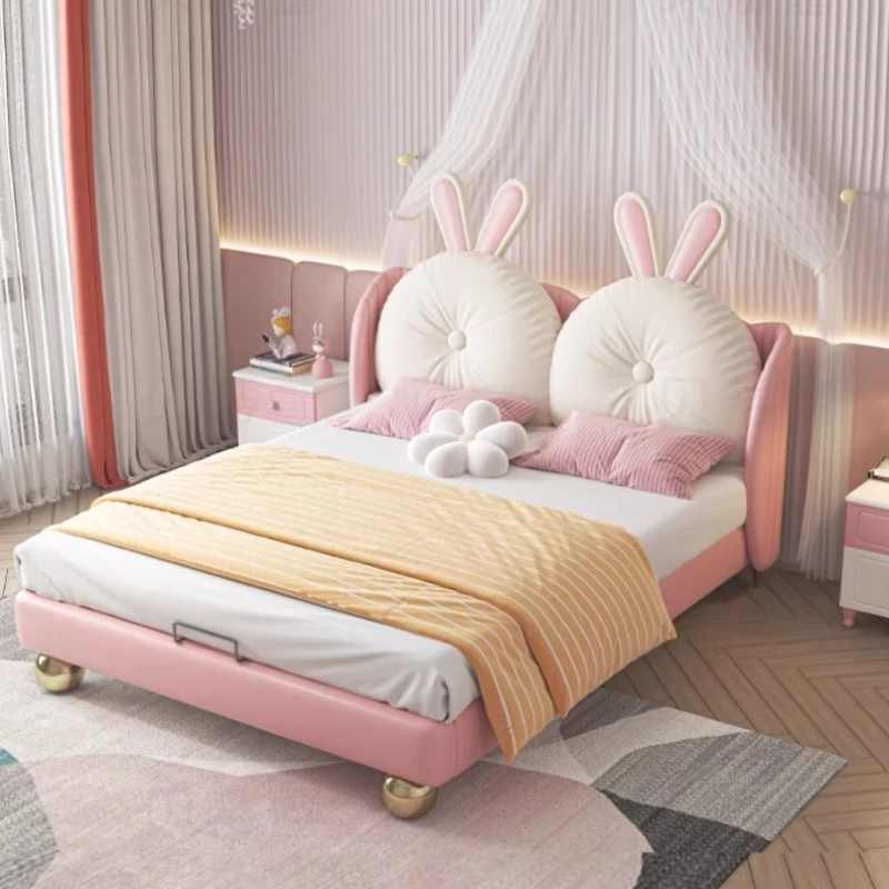 

Cute rabbit modeling leather girl bed children's bedroom furniture natural down children's bed