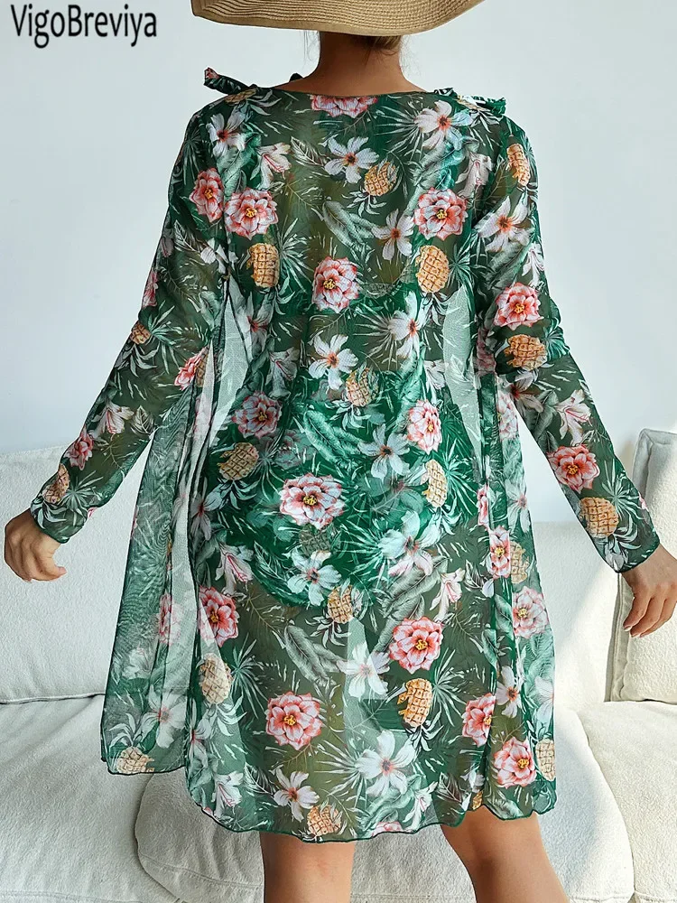 VigoBreviya Sexy 2025 Stampa 3 pezzi Maglia manica lunga Grembiule Bikini Set Push Up Vita alta Costumi da bagno Legato con cinturino Costume da bagno donna