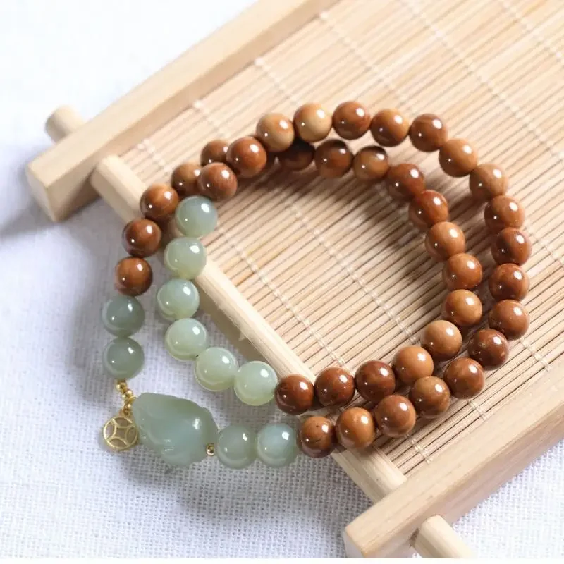 Natural Hotan Jade Pixiu Cook Double Circle Handstring for Men and Women Cook Hand Held Cultural Games Bracelet Gift