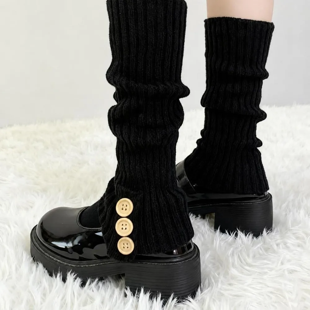 Crochet Lolita Leg Warmers Fluffy Stretchy Knitted Boot Cuffs Retro Buttons Decoration Warm Foot Cover Long Knitted Socks