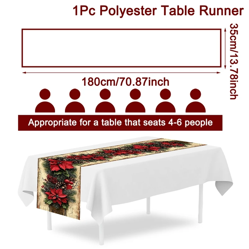 Vintage Christmas Table Runner 180*35cm Polyester Poinsettia Table Flag for Indoor Outdoor Home Party Decor Christmas Decoration