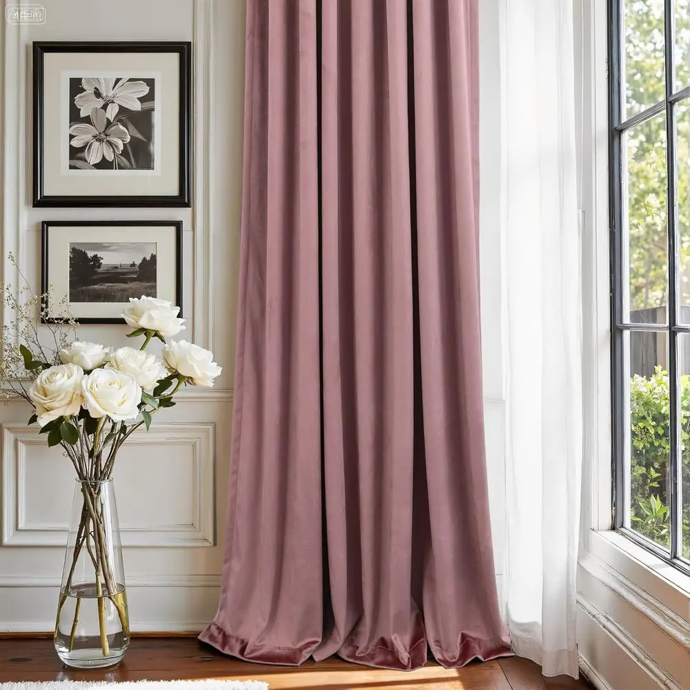 ستائر مخملية فاخرة باللون الوردي المغبر، 84 طويلة، لوحتين، مطوية، معزولة، لغرفة نوم البنات وغرفة المعيشة