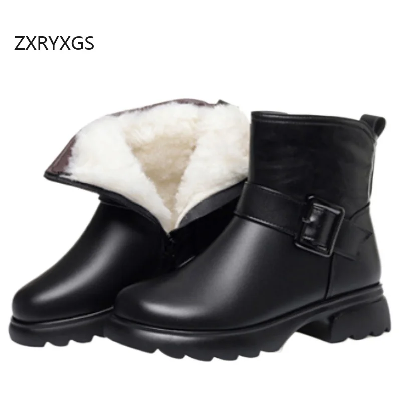 

ZXRYXGS 2025 New Fashion Warm Cow Leather Black Boots Thick Mid Heels Big Size Boots Winter Plush / Wool Boots Women Snow Shoes